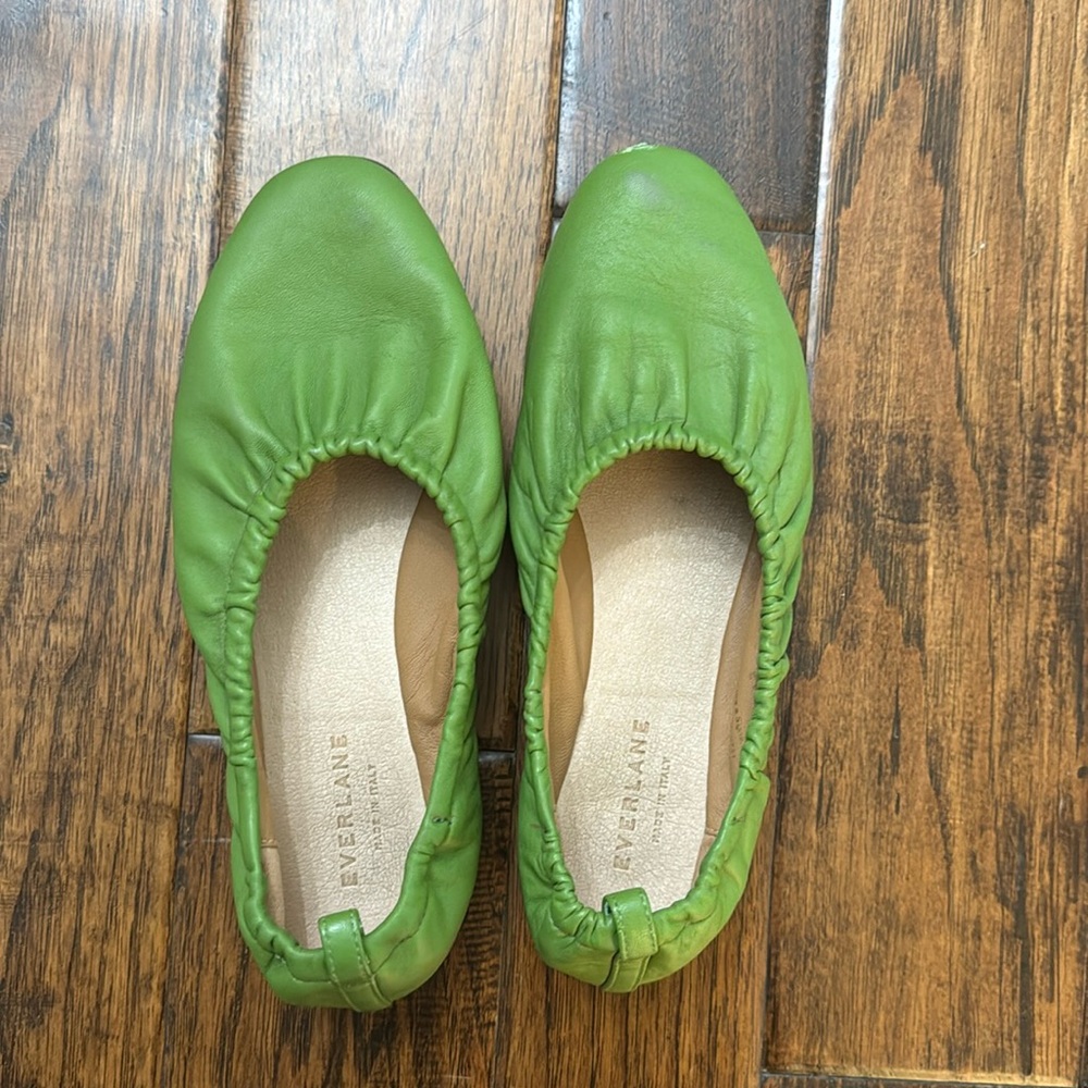 Green everlane leather ballet shoes.
